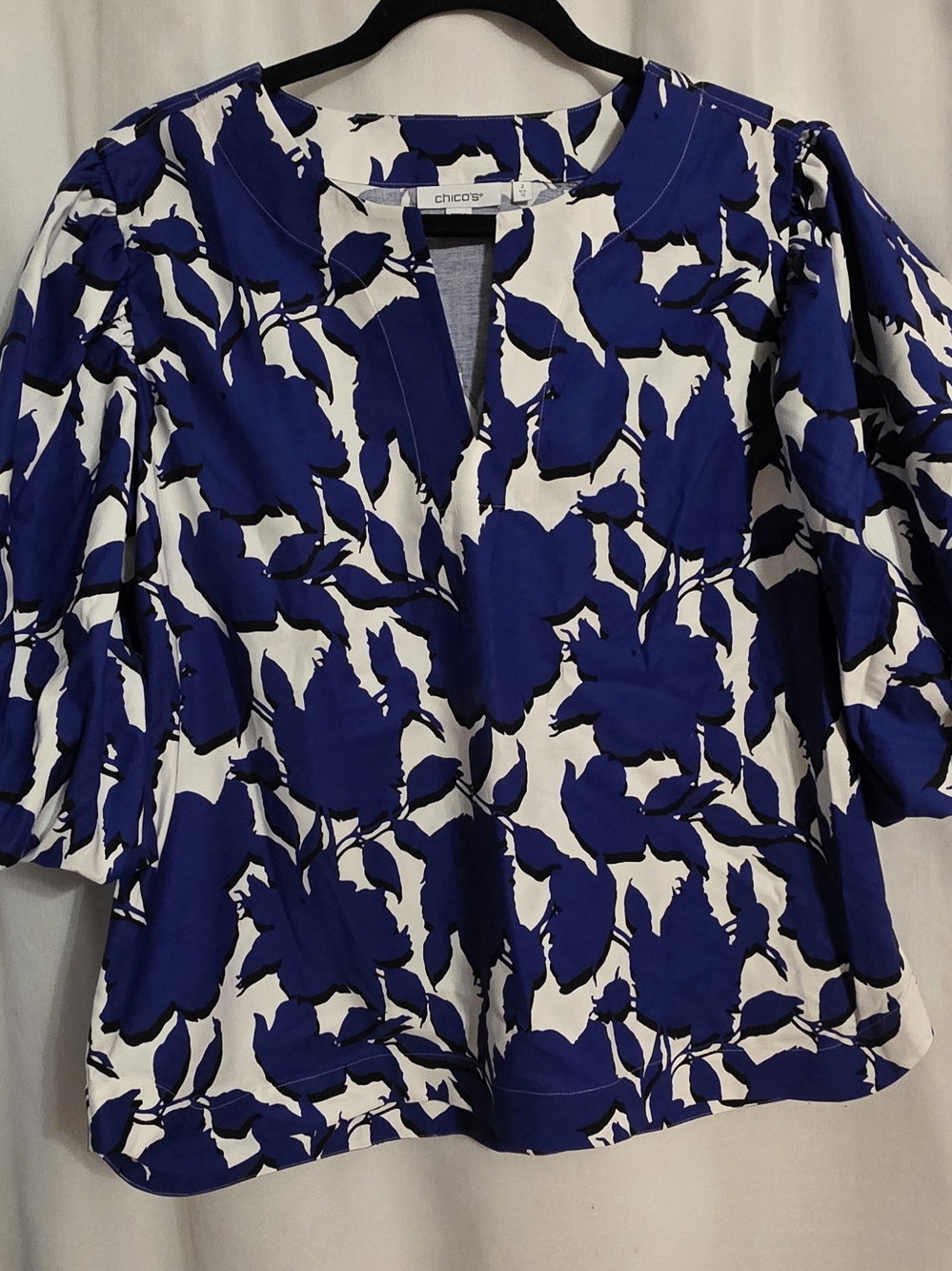 Chico's Royal Blue and White Floral Tunic with Split Neck